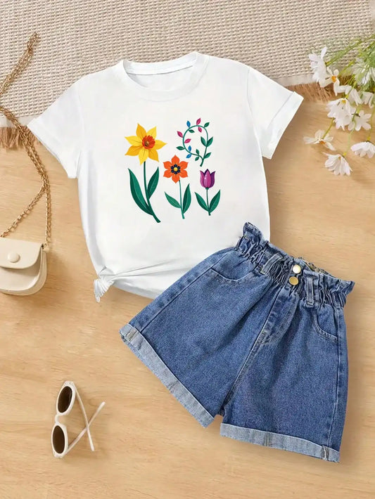 Tween Girls Floral T-Shirts Summer Vacation Outfits,Patriotic Cotton T-Shirt - Only Tops