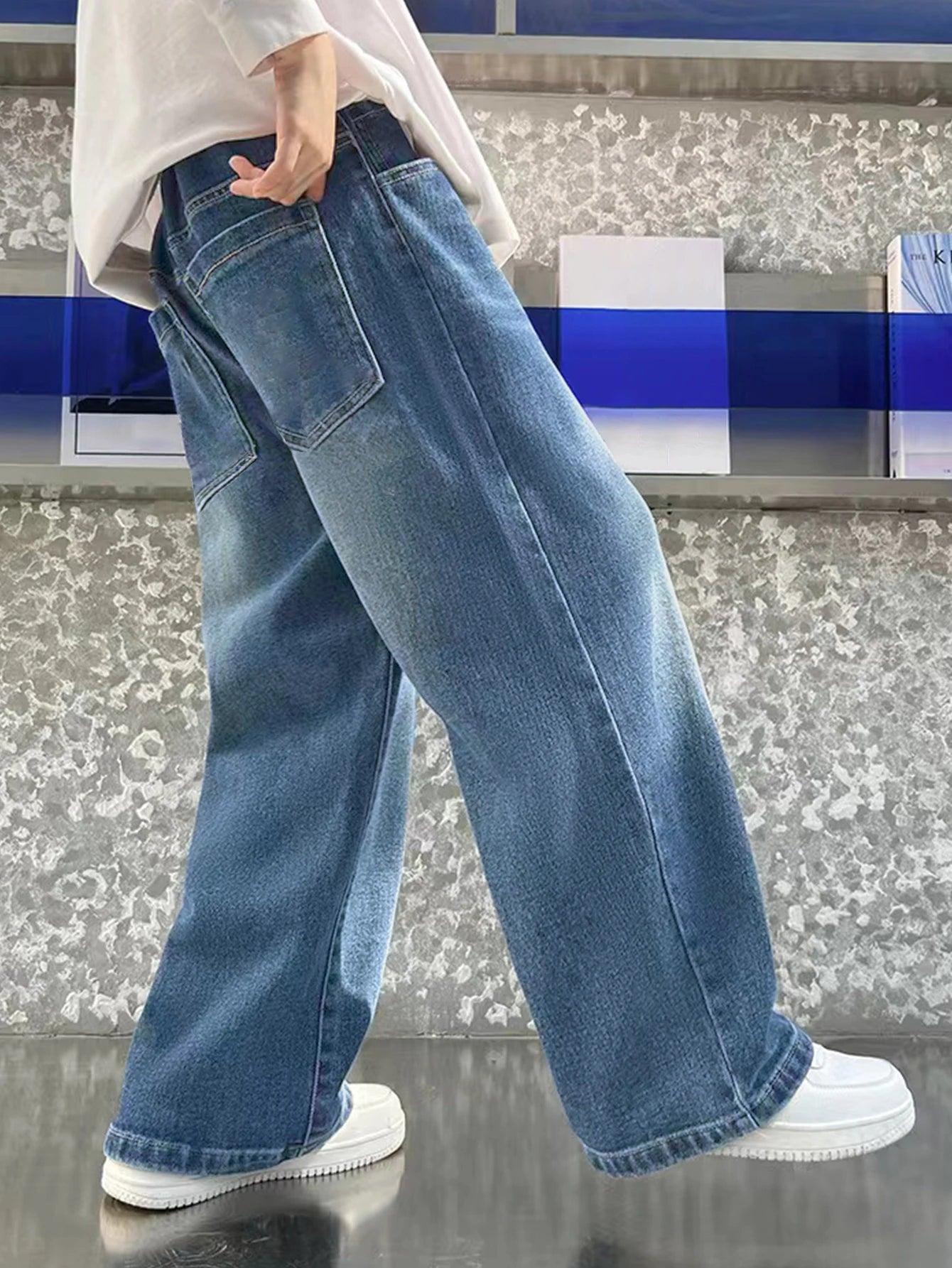 Loose vintage washed preppy-style straight-leg casual wide-leg long jeans for teenage boys