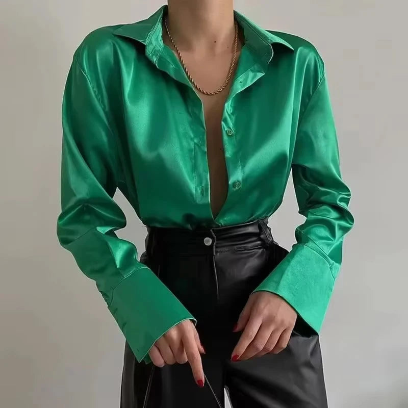 Autumn Elegant Solid Satin Shirt Office Lady Blouse Vintage Long Sleeve Shirt Loose Button Up Shirts Fashion Women Tops 18913