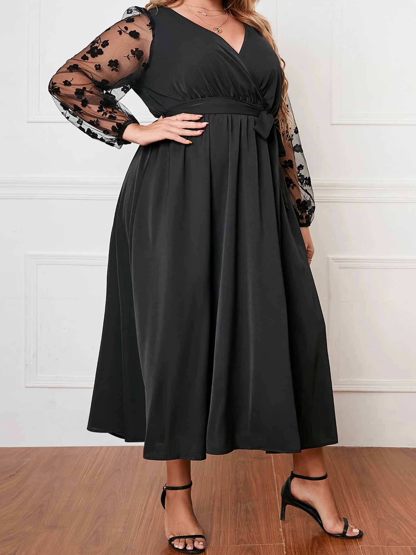 Women s Plus Size Satin Dress Embroidered Lace Long Sleeve Wrap V-Neck A Line Dress with Belt for Spring Fall Wedding Party