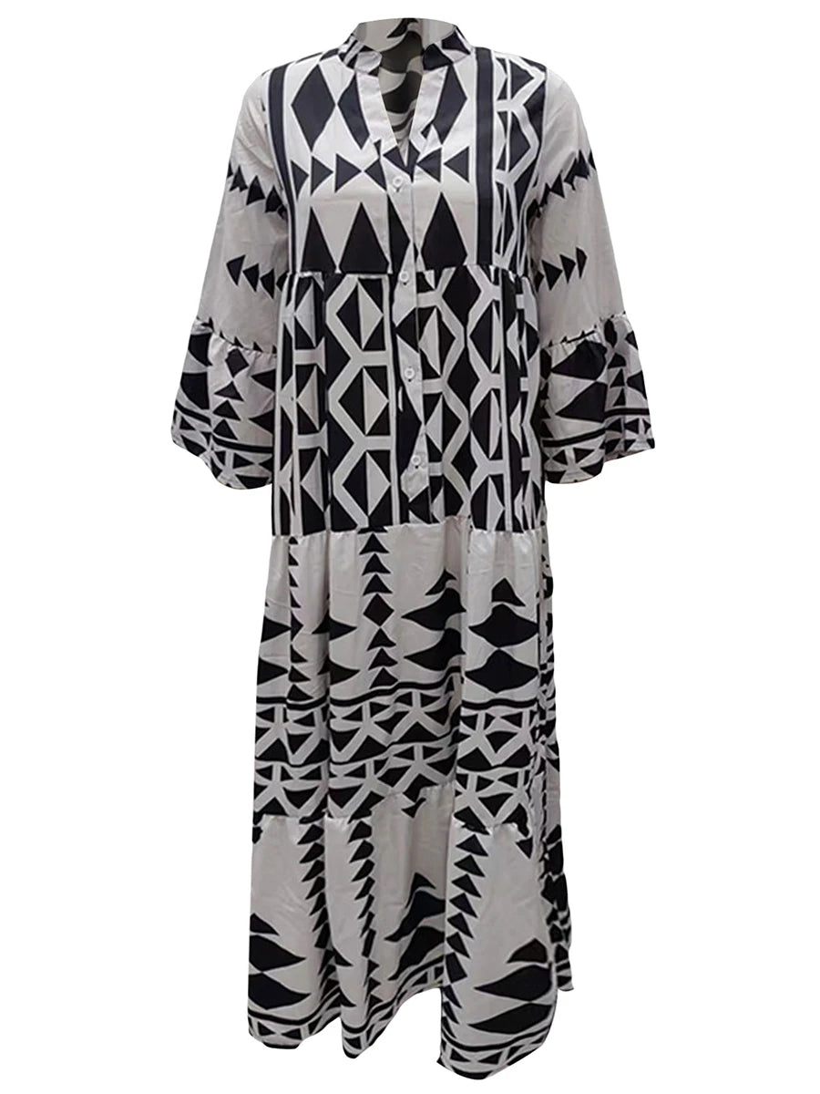 Women Long Dress Long Sleeve Button-down Geometric Print Bohe Dress Loose Swing Dress for Casual Daily