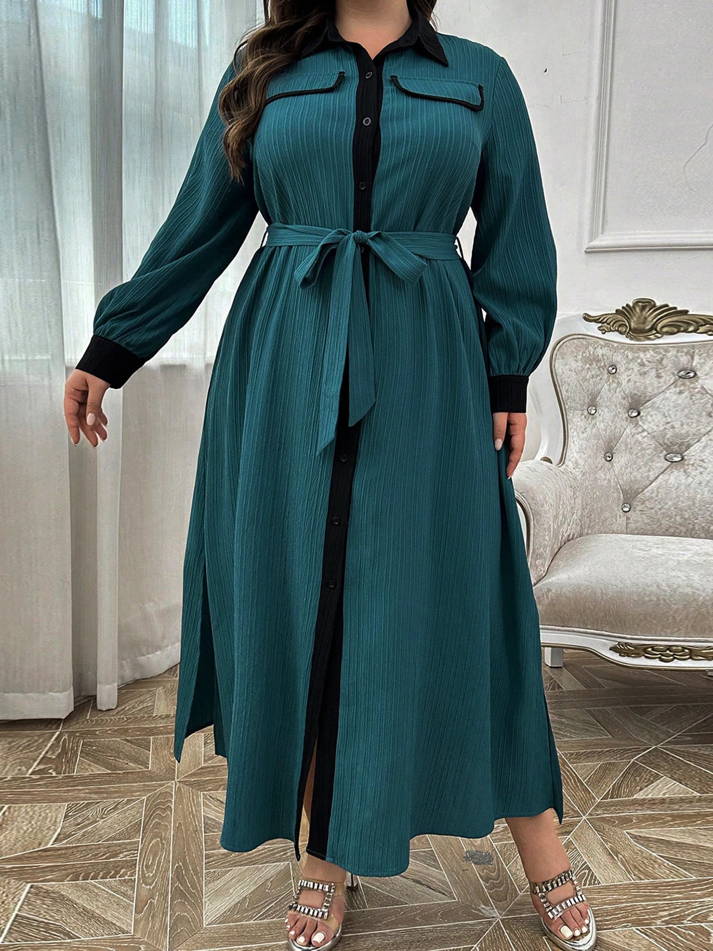 Stylish Plus Size Women s Dress with Long Sleeves and Turn-down Collar Perfect for Fall Season Casual Wear