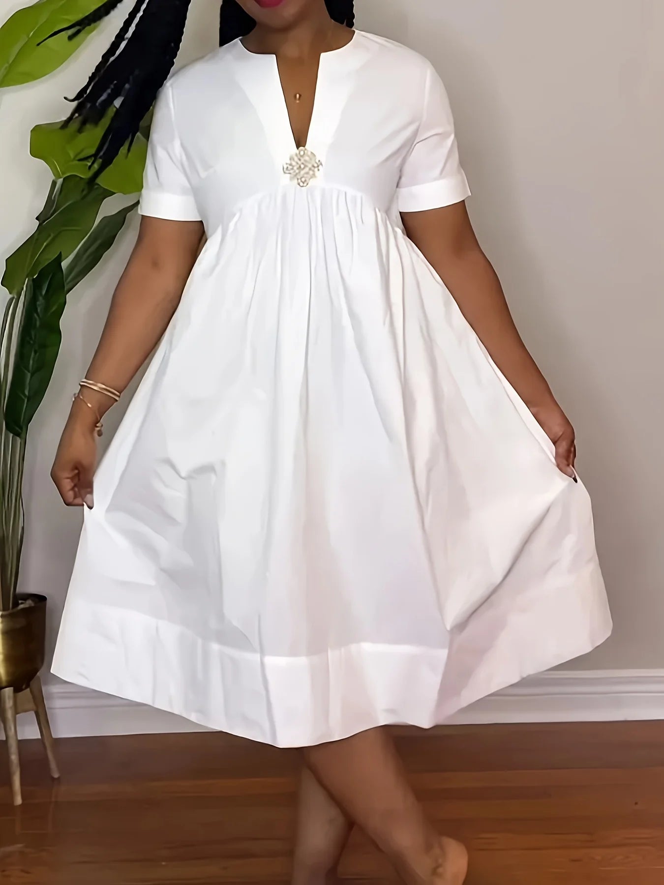 Casual Short-sleeved V-neck Waisted Loose Vacation A-line Shirt Dress