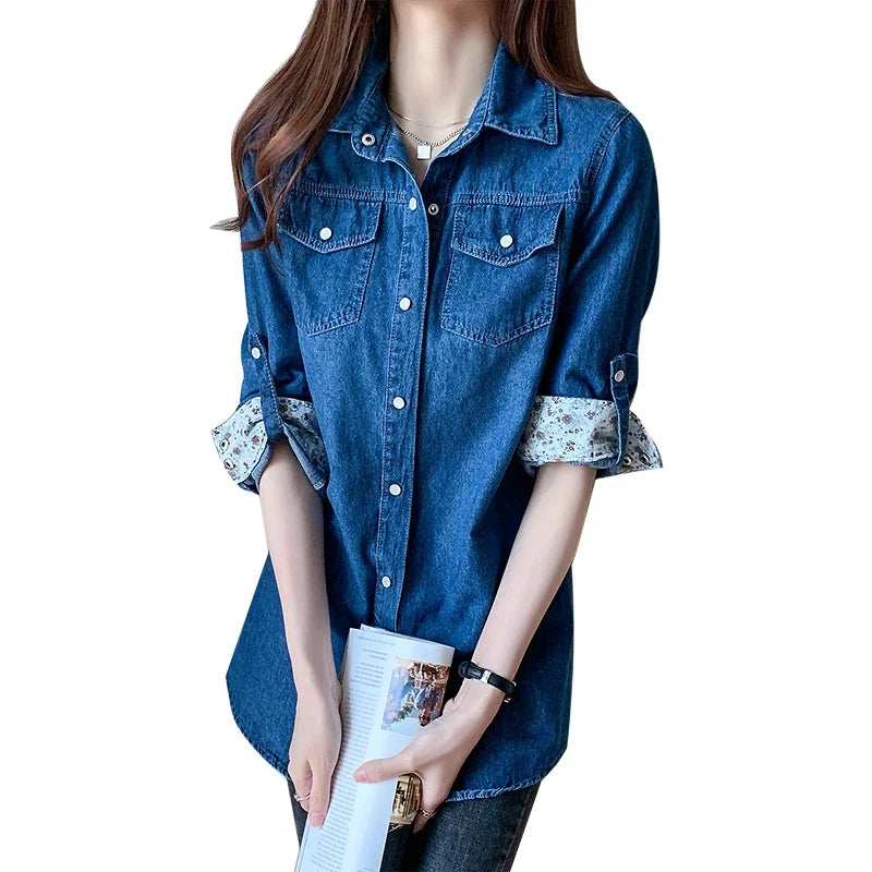 Women's Loose Denim Shirt with Long Sleeves New Spring and Autumn Thin Top Mid To Long Length Jacket and Outer Shirt 11968
