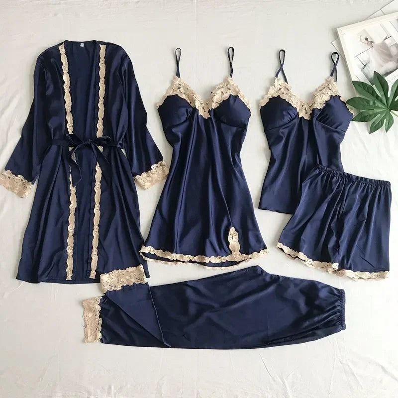 2025New Luxury Satin Pajama Set 5 Pcs Women's Silky Sleepwear Lace Trim Robe Nightgown Cami Shorts Pants Elegant Loungewear Hot