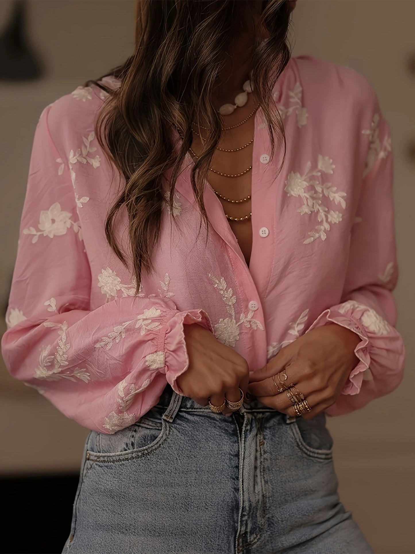 Women s Oversized Floral Print Button Up Shirt with Long Lantern Sleeves and Embroidered Appliques - Fall Fashion Blouse