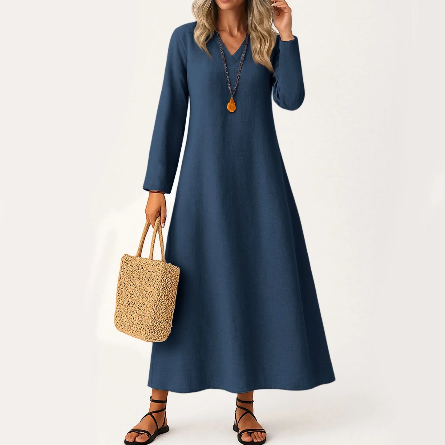 Dress For Women Long Boho Beach Dress Elegant Maxi Dress V-Neck Long Sleeve Dress With Pockets Vestidos Para Mujer Female Dress