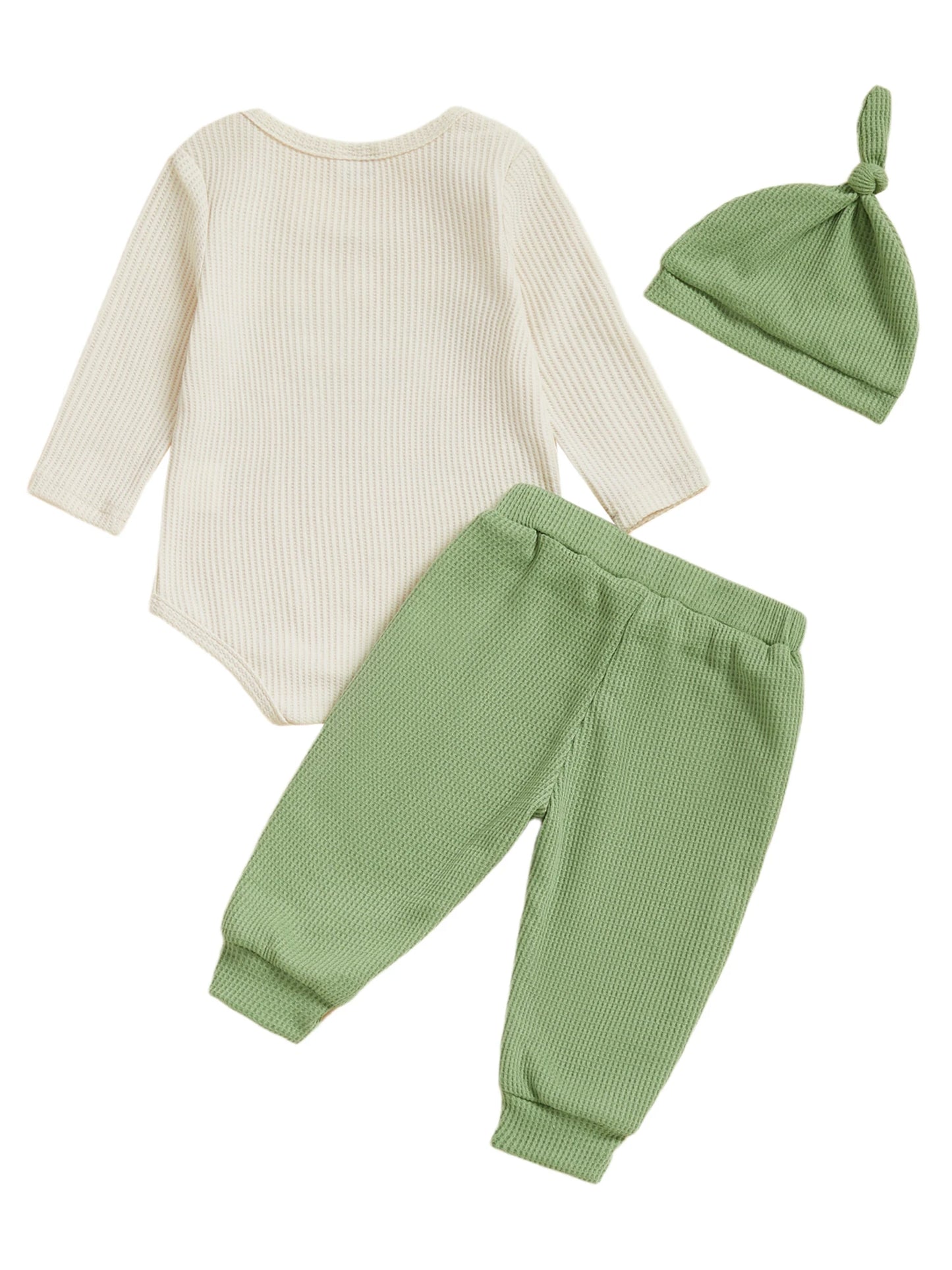 Adorable Infant Unisex Clothing Set with Printed Romper Joggers Pants and Hat - Long Sleeve Crew Neck Outfit for Newborn Boy