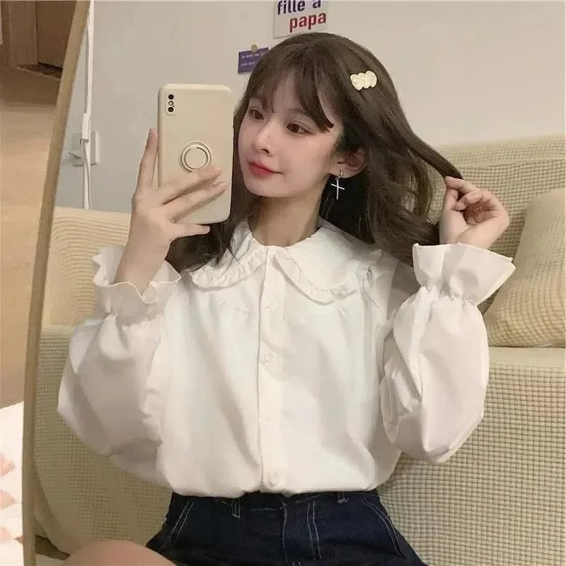 Vintage Women White Shirt Preppy Style Fashion Elegant Female Long Sleeve Blouse Y2K Sweet Kawaii All Match Shirts