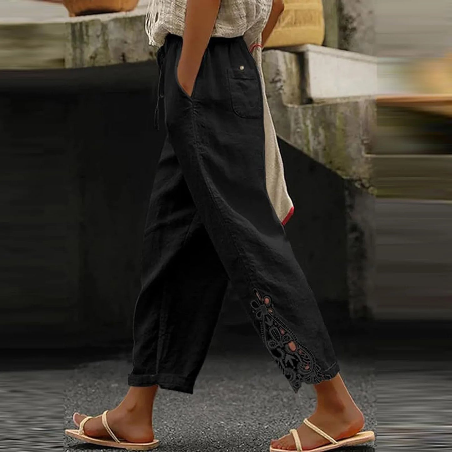 Women'S Casual Solid Color Lace Splicing Design High Waist Drawstring Pocket Nine Minute Pants Pantalones De Mujer Cargo Pants