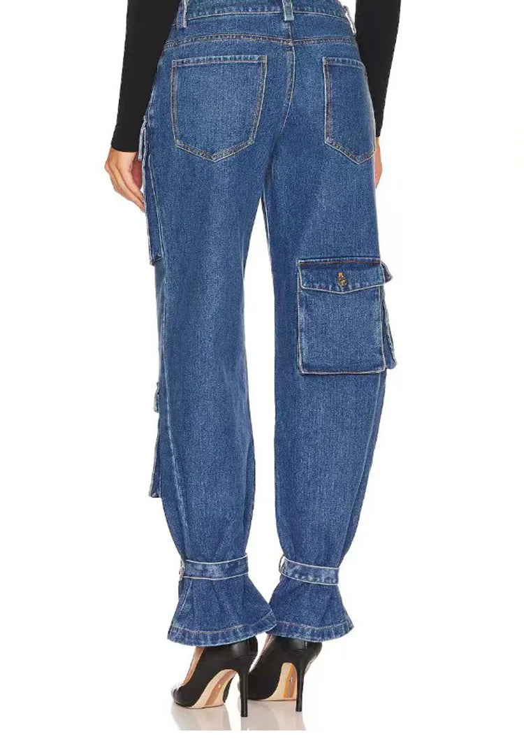 Fashion retro blue multi-pocket tied legs for women's stretch slim casual work jeans