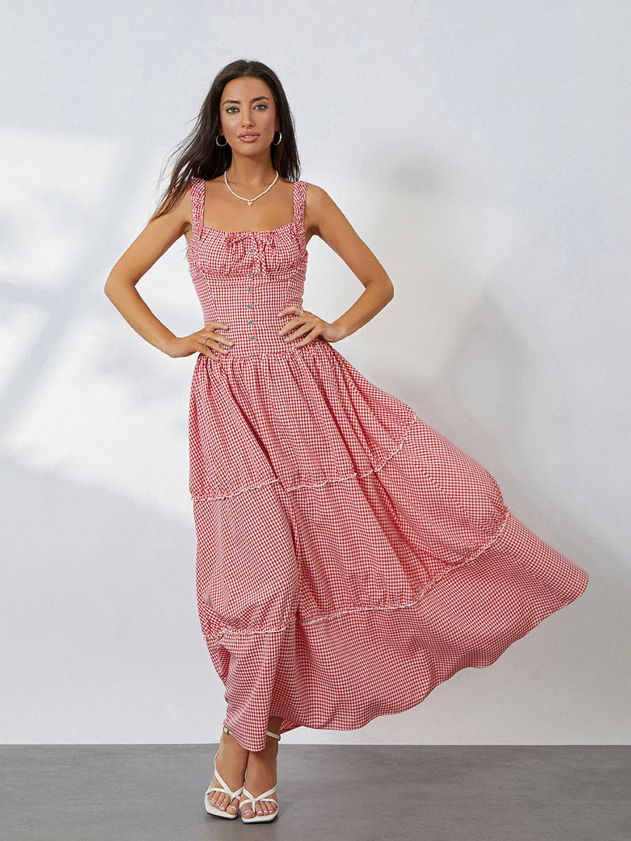 Women Summer Sleeveless Dress Casual Plaid Print Ruffle Party Dress for Cocktail Beach Club Streetwear