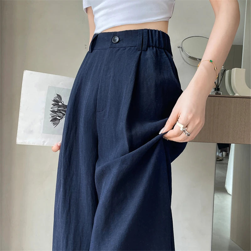 Cotton and Linen Women's Wide Leg Full Pants High Waist Summer Female Elegant Minimalism Straight Loose Trousers 2024 Autumn