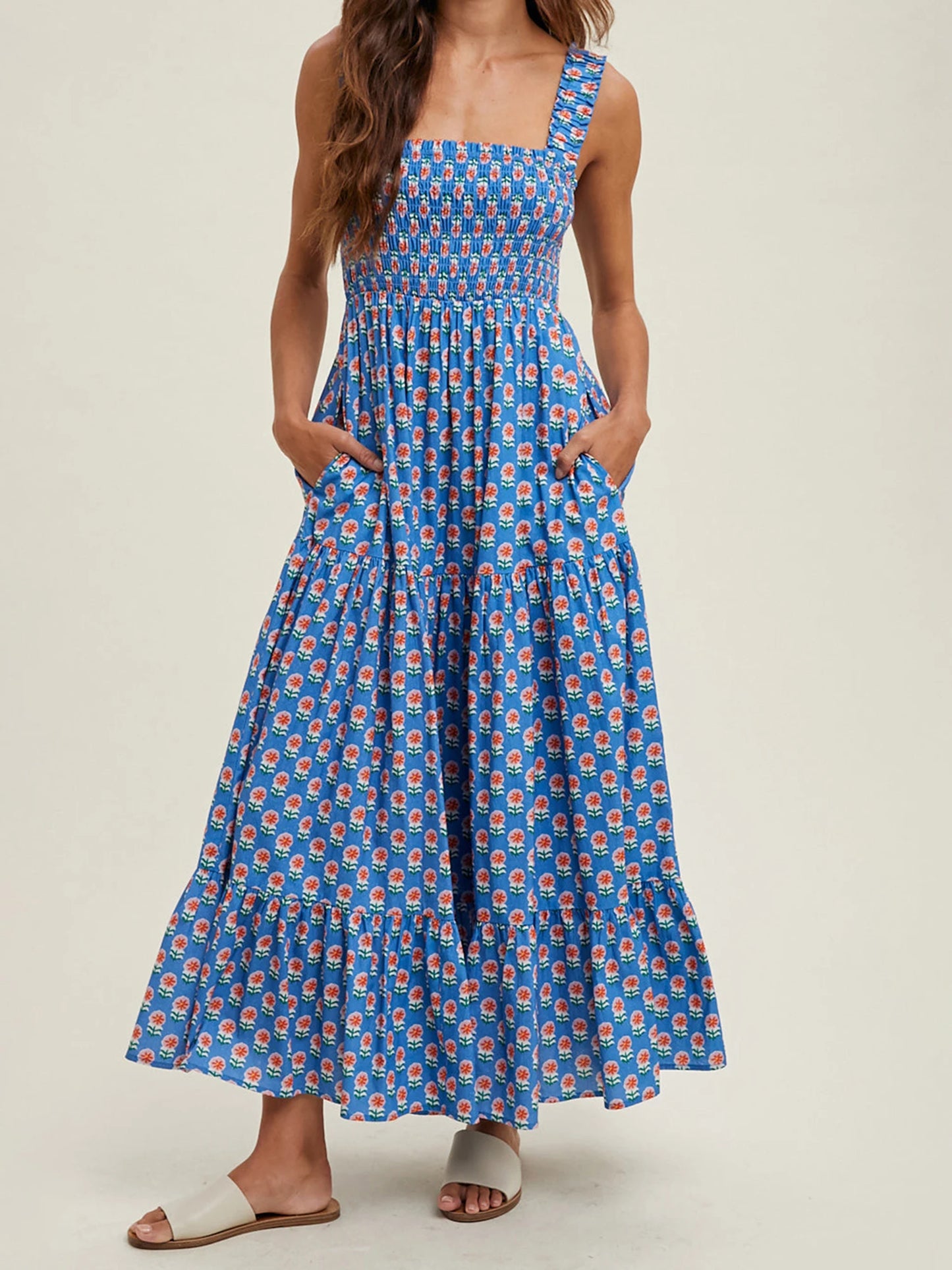 Women Boho Maxi Dress Off Shoulder Ruffle Floral Print Sleeveless Smocked Waist Long Summer Beach Dress with Pockets