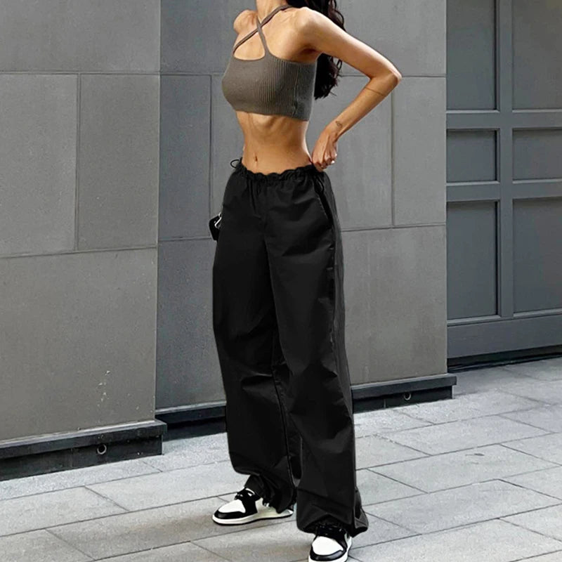 Y2k Cargo Women Drawstring Pants Low Waist Sweatpant Streetwear Vintage Baggy Wide Leg Trousers Oversized Parachute Jogger Pants