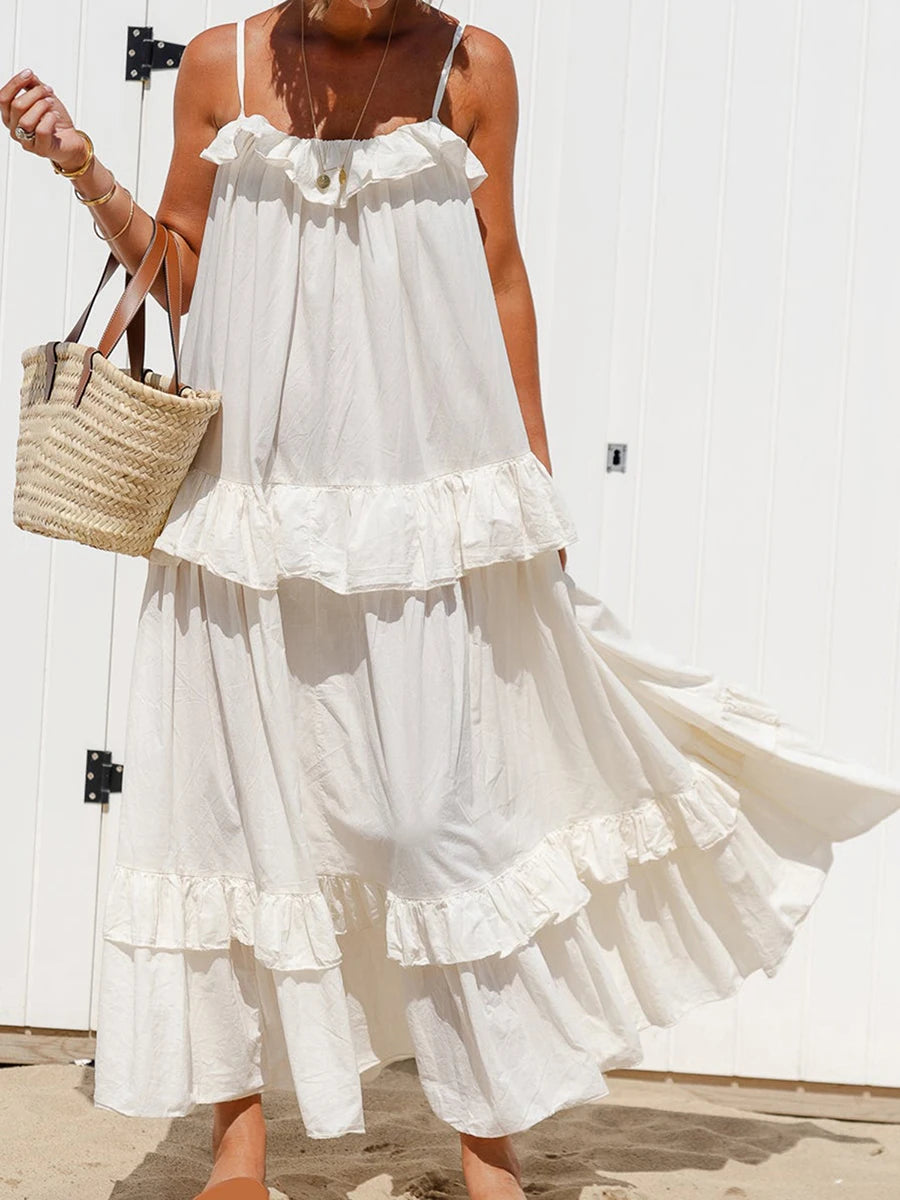 Women s Long Cami Dress Casual Loose Scoop Neck Back Tie-Up Swing Tiered Ruffled Spaghetti Strap Dress