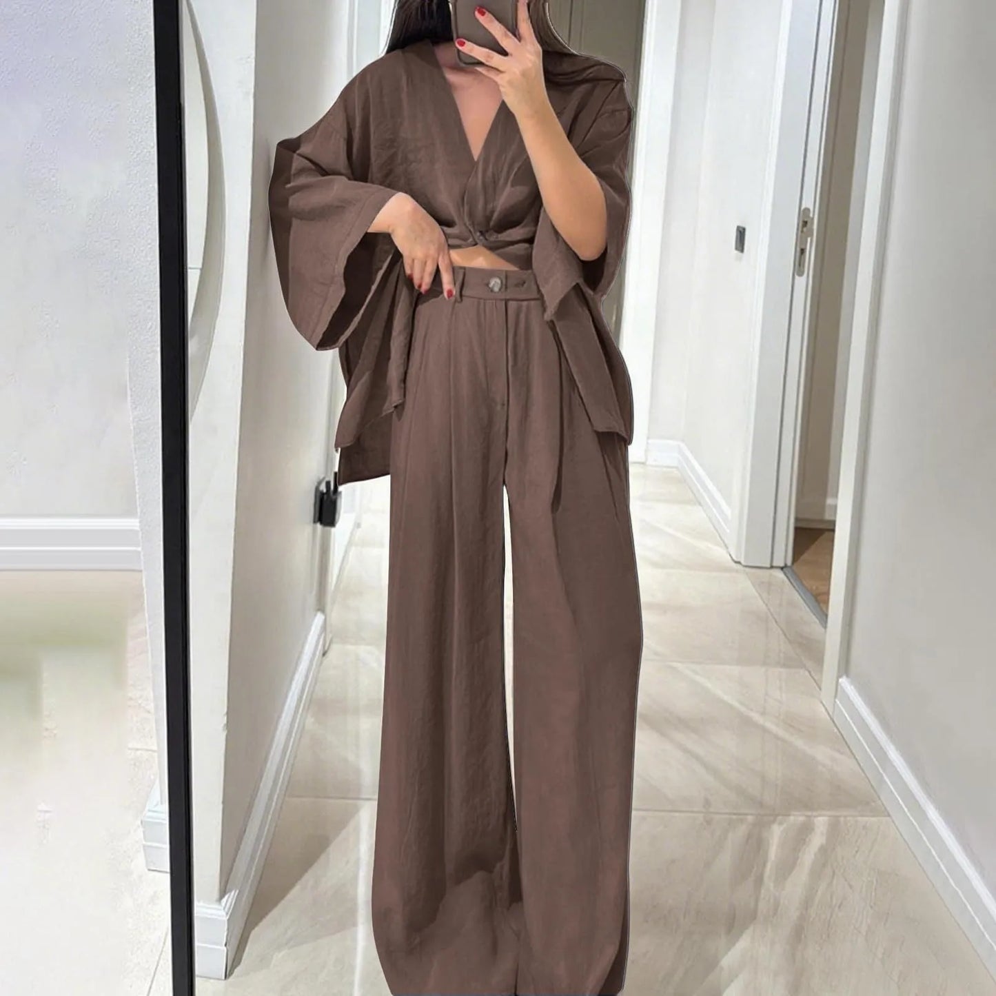 Two Piece Outfits For Women V Neck Button Down Shirt Top And Wide Leg Pants Set Loose Sweatsuits Conjunto Dos Piezas Mujer