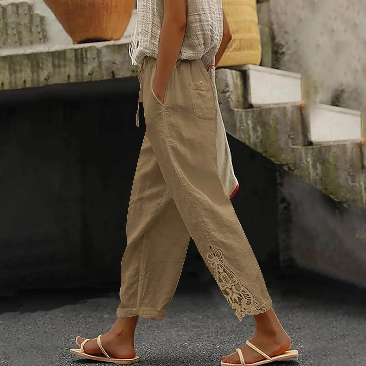 Women'S Casual Solid Color Lace Splicing Design High Waist Drawstring Pocket Nine Minute Pants Pantalones De Mujer Cargo Pants