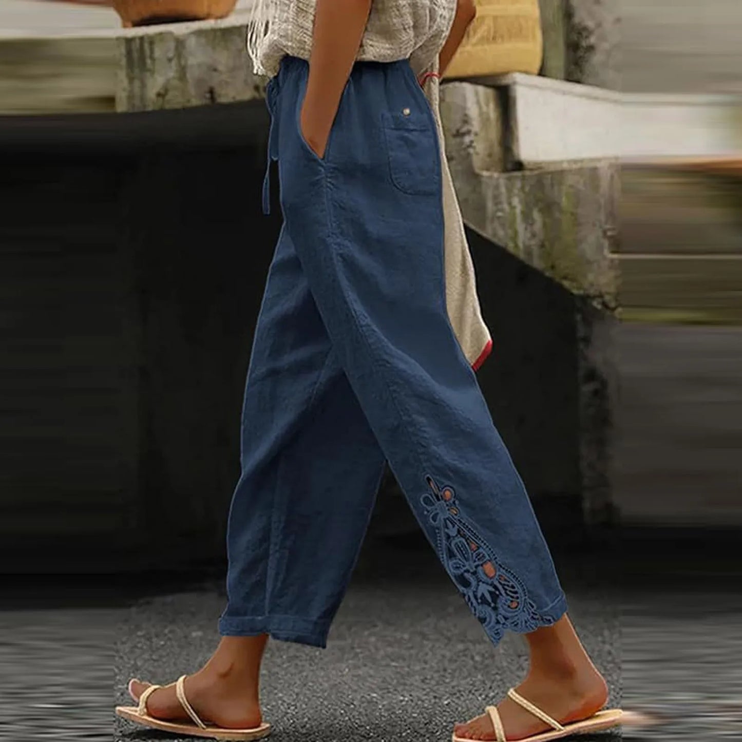 Women'S Casual Solid Color Lace Splicing Design High Waist Drawstring Pocket Nine Minute Pants Pantalones De Mujer Cargo Pants