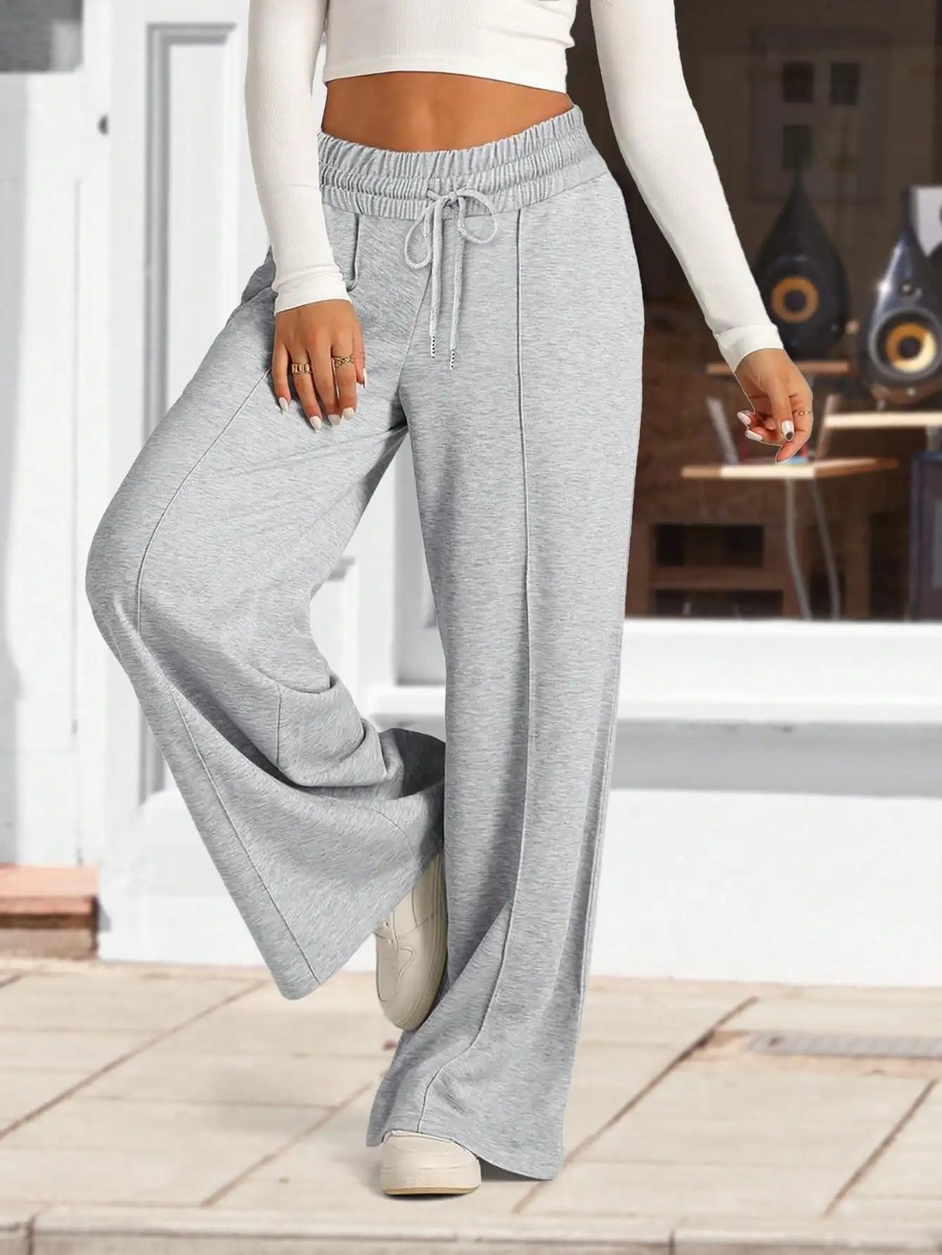 2024 Women's High Waist Wide Leg Sports Pants Elastic Drawstring Loose Fit Athletic Pants with Pockets Yoga Lounge Trousers