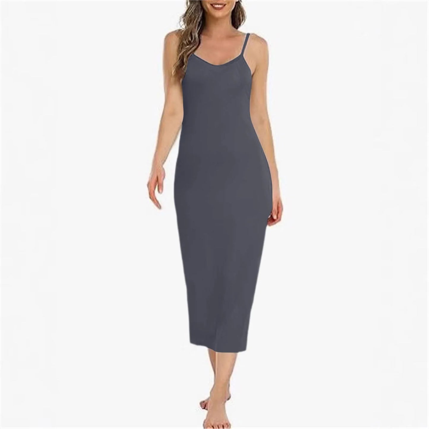 Women Long Slip Dress Basic Adjustable Spaghetti Straps Cami Slip Dress Soft V Neck Nightgown Under Dresses Elegant Women'S