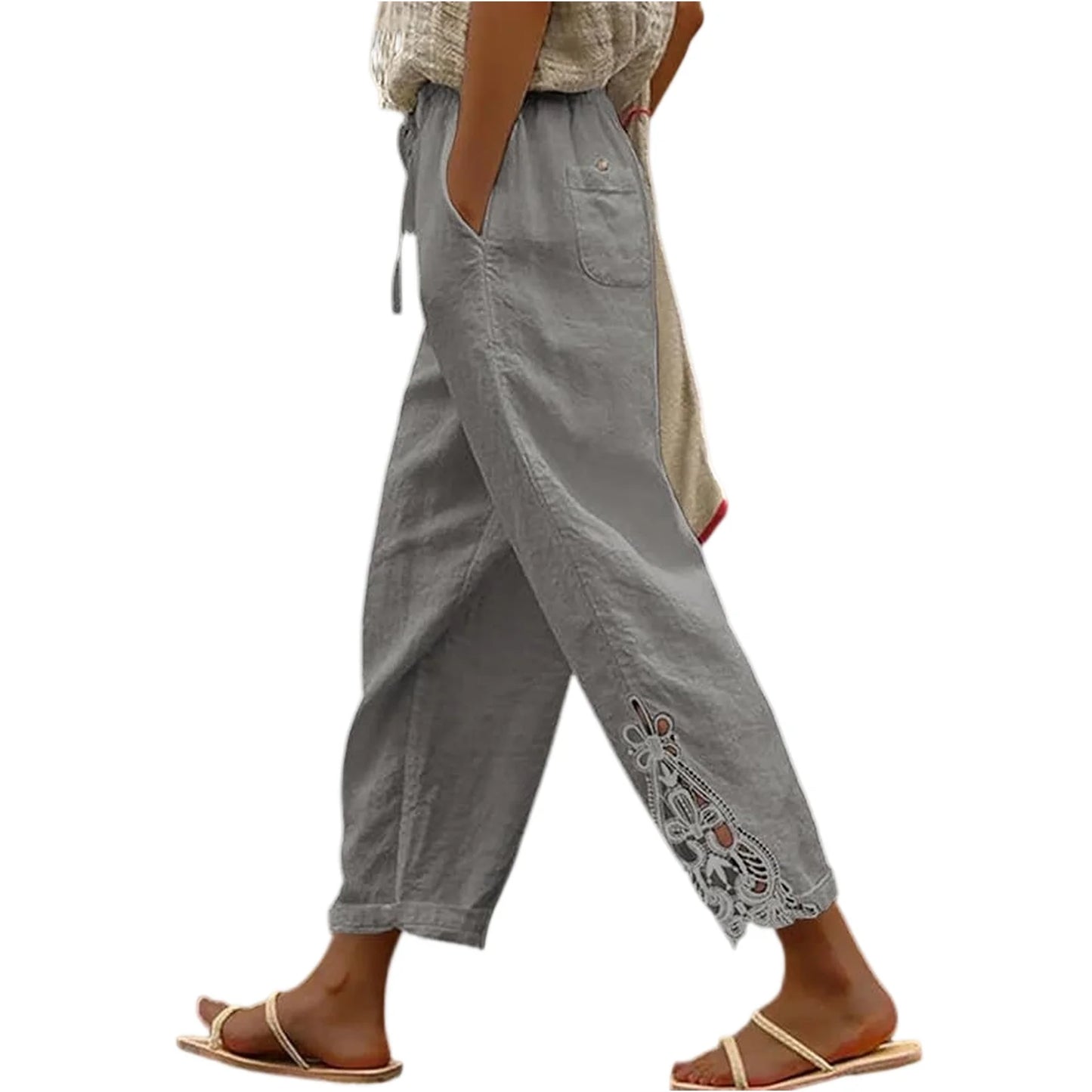 Women'S Casual Solid Color Lace Splicing Design High Waist Drawstring Pocket Nine Minute Pants Pantalones De Mujer Cargo Pants