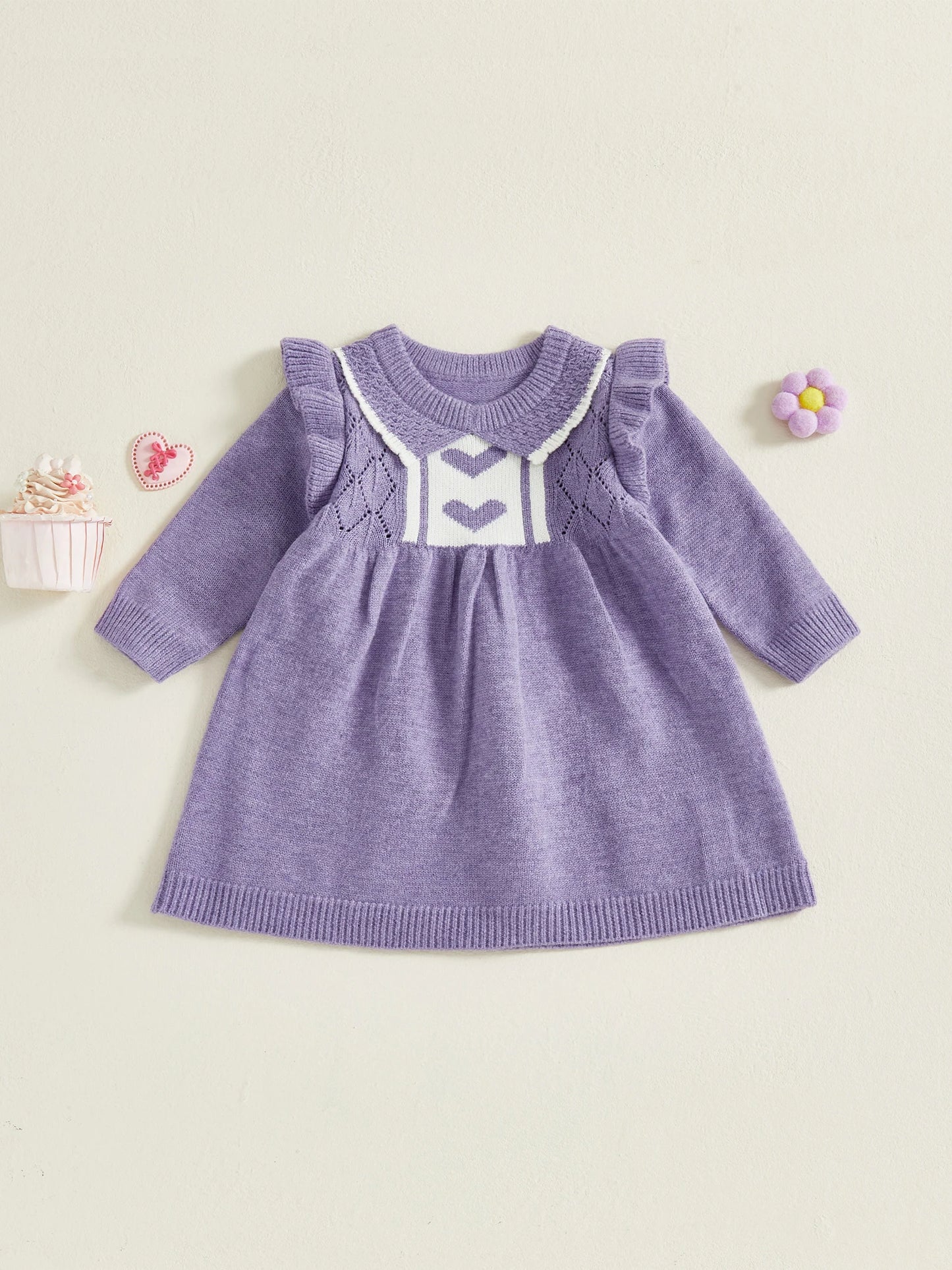 Girls Heart Print Knit Sweater Dress with Long Sleeves Round Neck and A-line Silhouette - Adorable and Stylish Option for