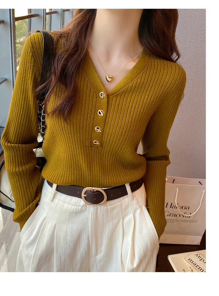 2025 Autumn Winter Women Sweaters Casual Slim Button Knitted Pullover Sweater Femme Basic Solid Jersey Tops Fashion Clothes