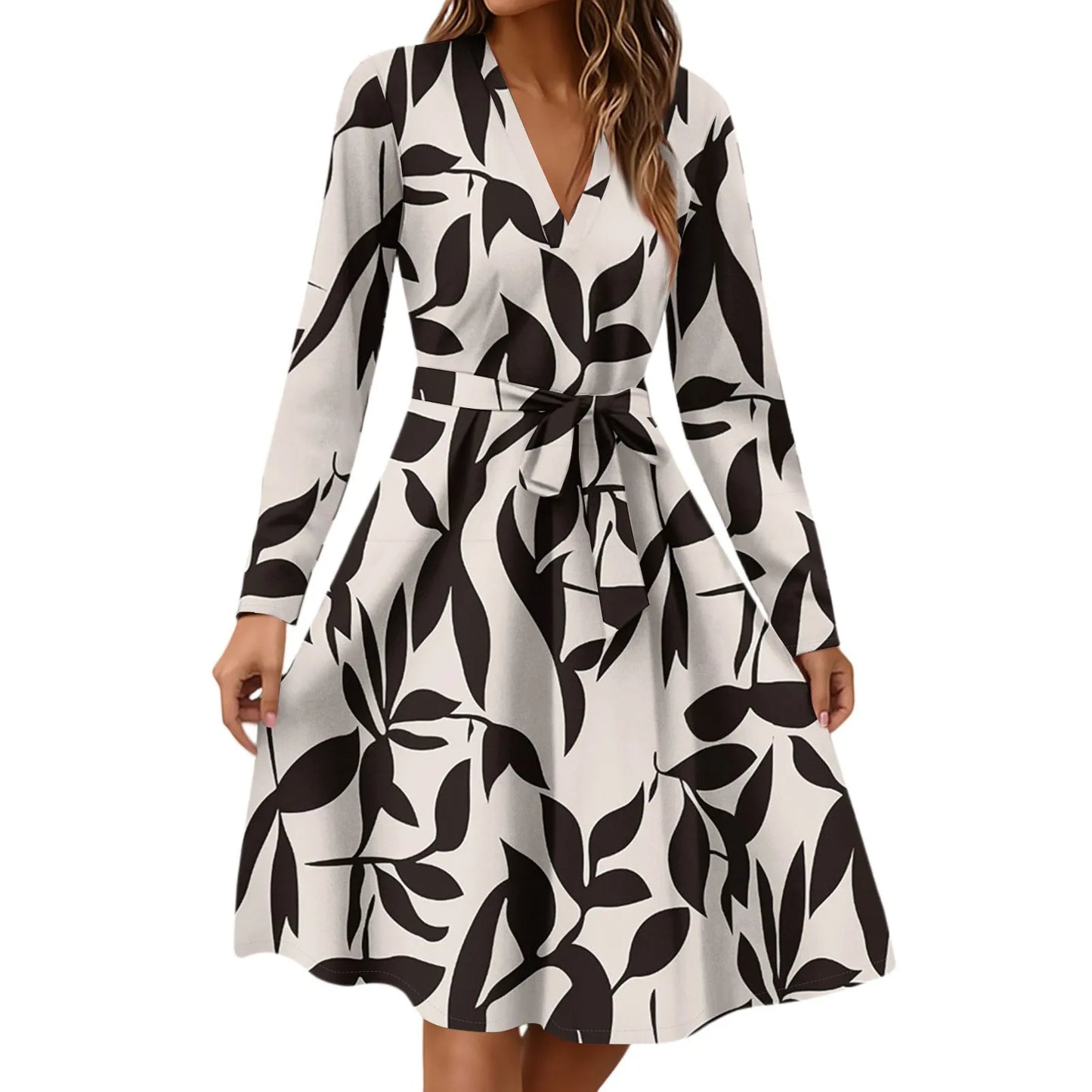 Women'S Fashion Casual V-Neck Long Sleeve Waist Floral Print Midi Dress Vestidos Para Mujer Female Dress Y2k Traf Roupas Feminin