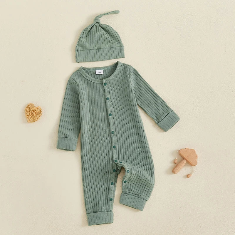 Infant 2-Piece Autumn Ensemble Cozy Knit Romper with Beanie Set Baby Clothing for Newborns