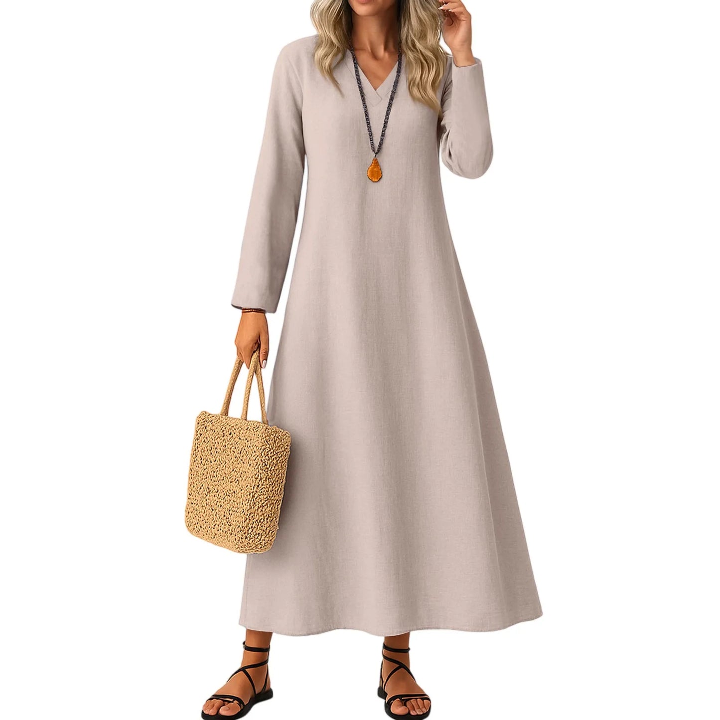 Dress For Women Long Boho Beach Dress Elegant Maxi Dress V-Neck Long Sleeve Dress With Pockets Vestidos Para Mujer Female Dress