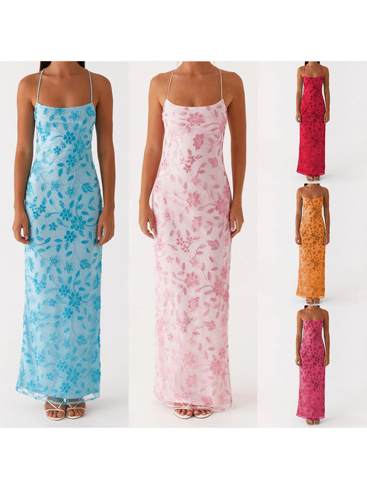 Elegant Sequin Embellished Maxi Dress with Floral Appliques and High Side Slit Perfect for Evening Party or Clubwear