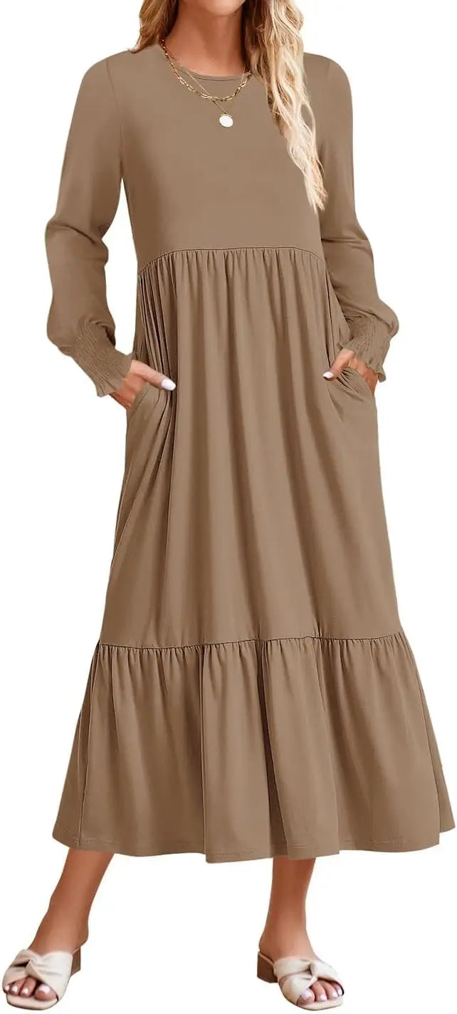 Women's 2025 Fall Long Sleeve Dress Crewneck Casual Loose Pleated Tiered Swing Midi Dresses with Pockets