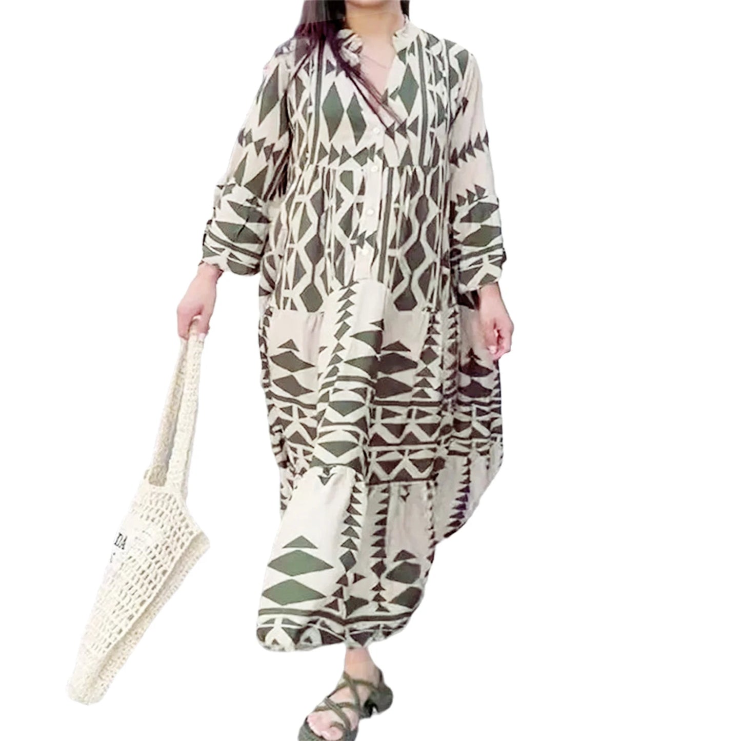 Women Long Dress Long Sleeve Button-down Geometric Print Bohe Dress Loose Swing Dress for Casual Daily