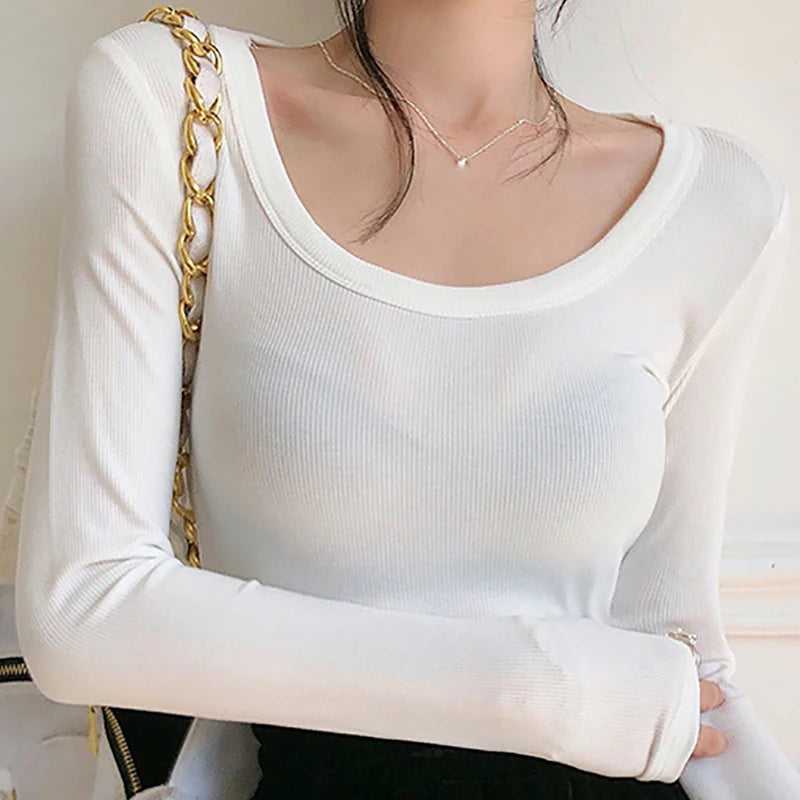 Screw Thread T Shirt Women Autumn Long Sleeve Top Basic Cotton T-Shirts Korean Style Clothes Slim Tee Shirt Femme Camiseta Mujer