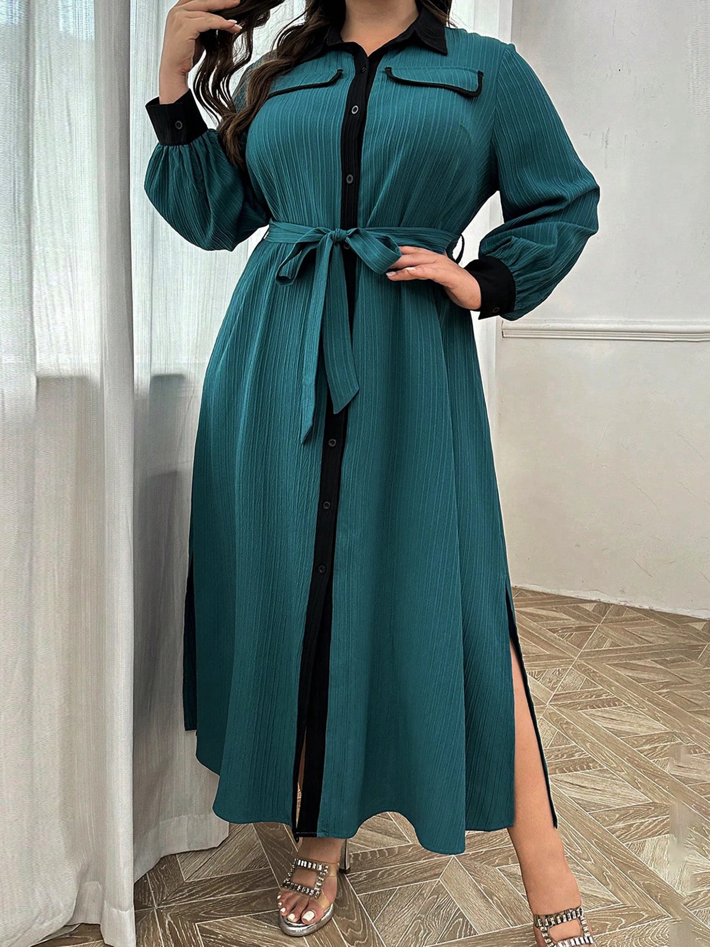 Stylish Plus Size Women s Dress with Long Sleeves and Turn-down Collar Perfect for Fall Season Casual Wear