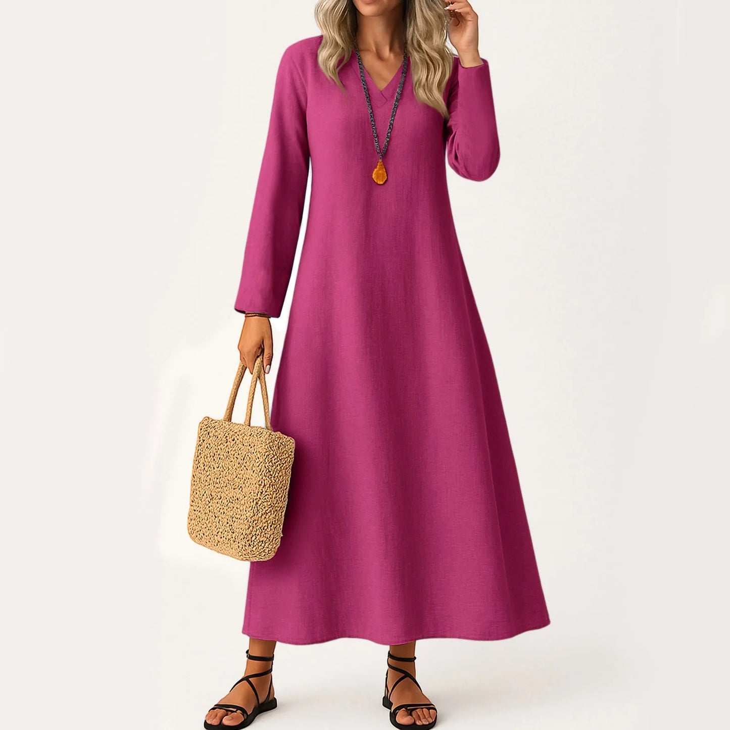 Dress For Women Long Boho Beach Dress Elegant Maxi Dress V-Neck Long Sleeve Dress With Pockets Vestidos Para Mujer Female Dress