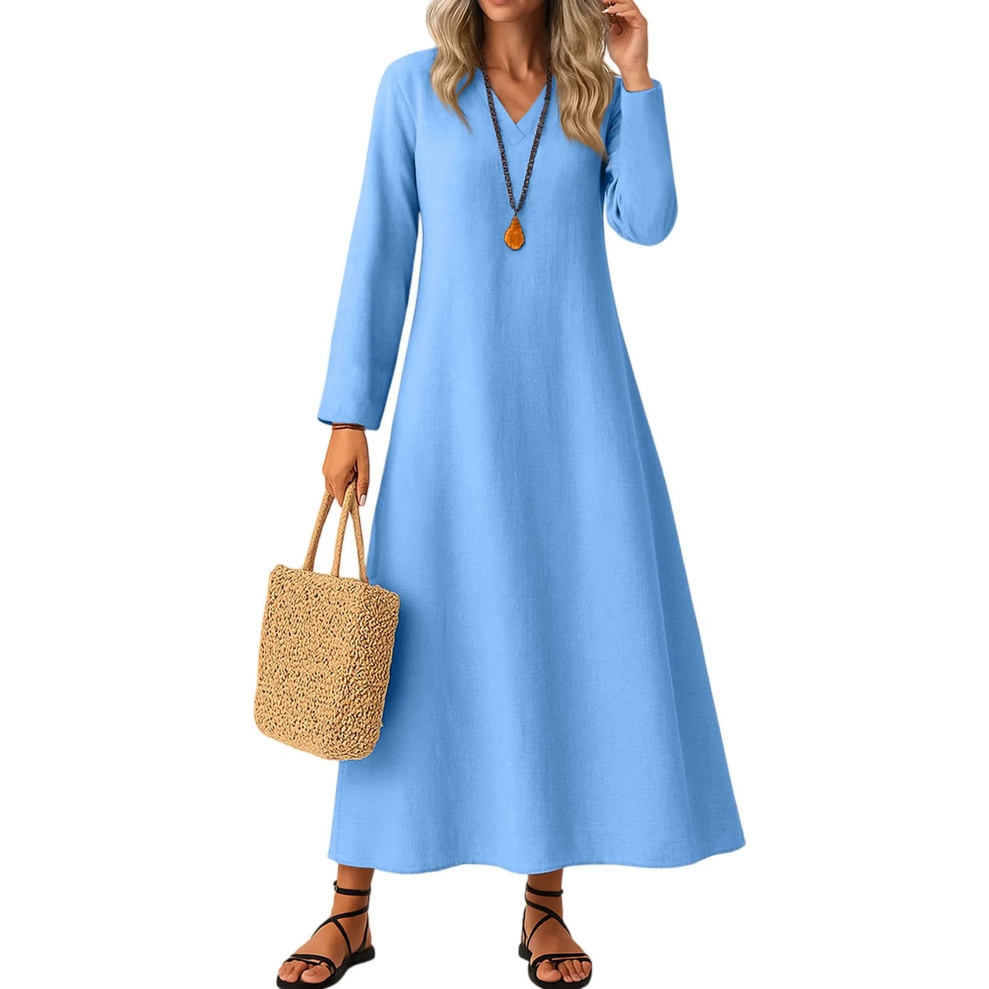 Dress For Women Long Boho Beach Dress Elegant Maxi Dress V-Neck Long Sleeve Dress With Pockets Vestidos Para Mujer Female Dress