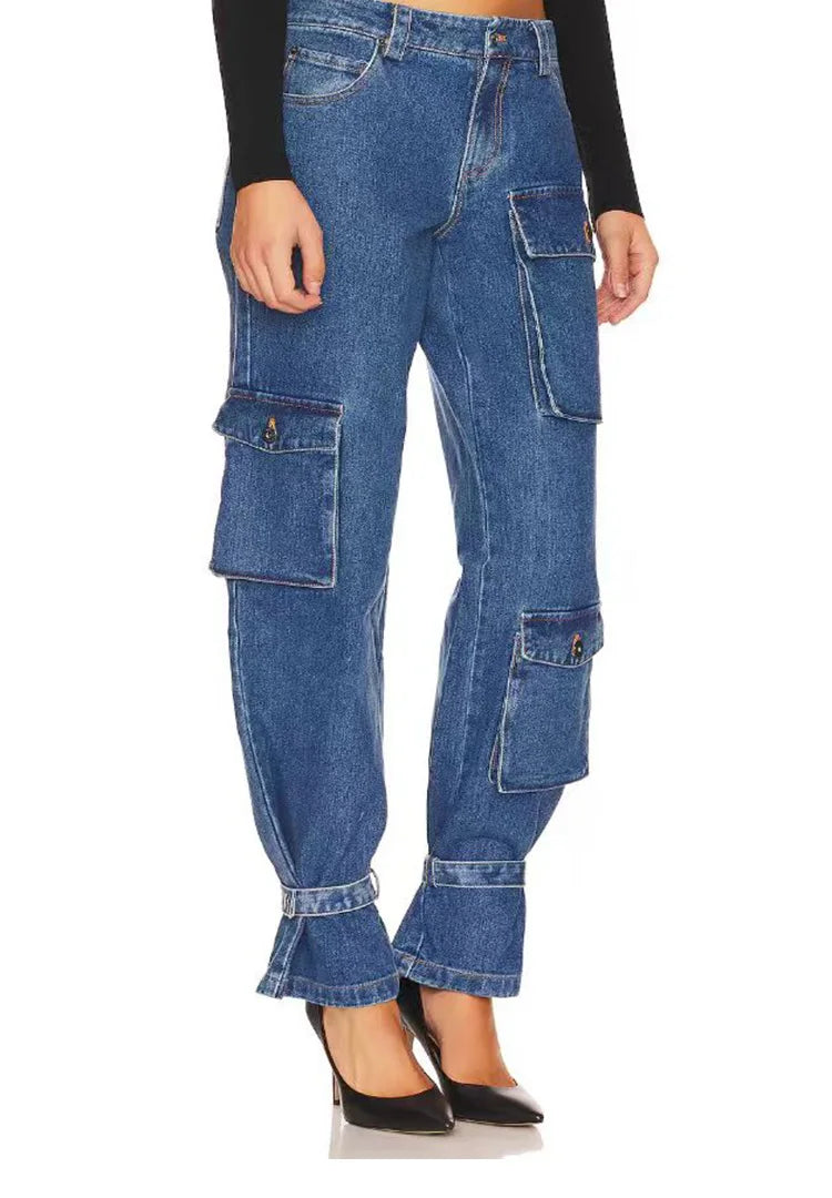 Fashion retro blue multi-pocket tied legs for women's stretch slim casual work jeans