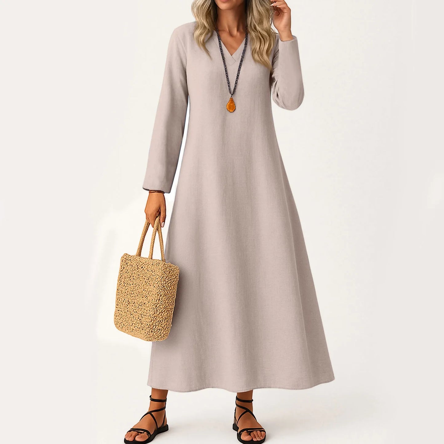 Dress For Women Long Boho Beach Dress Elegant Maxi Dress V-Neck Long Sleeve Dress With Pockets Vestidos Para Mujer Female Dress