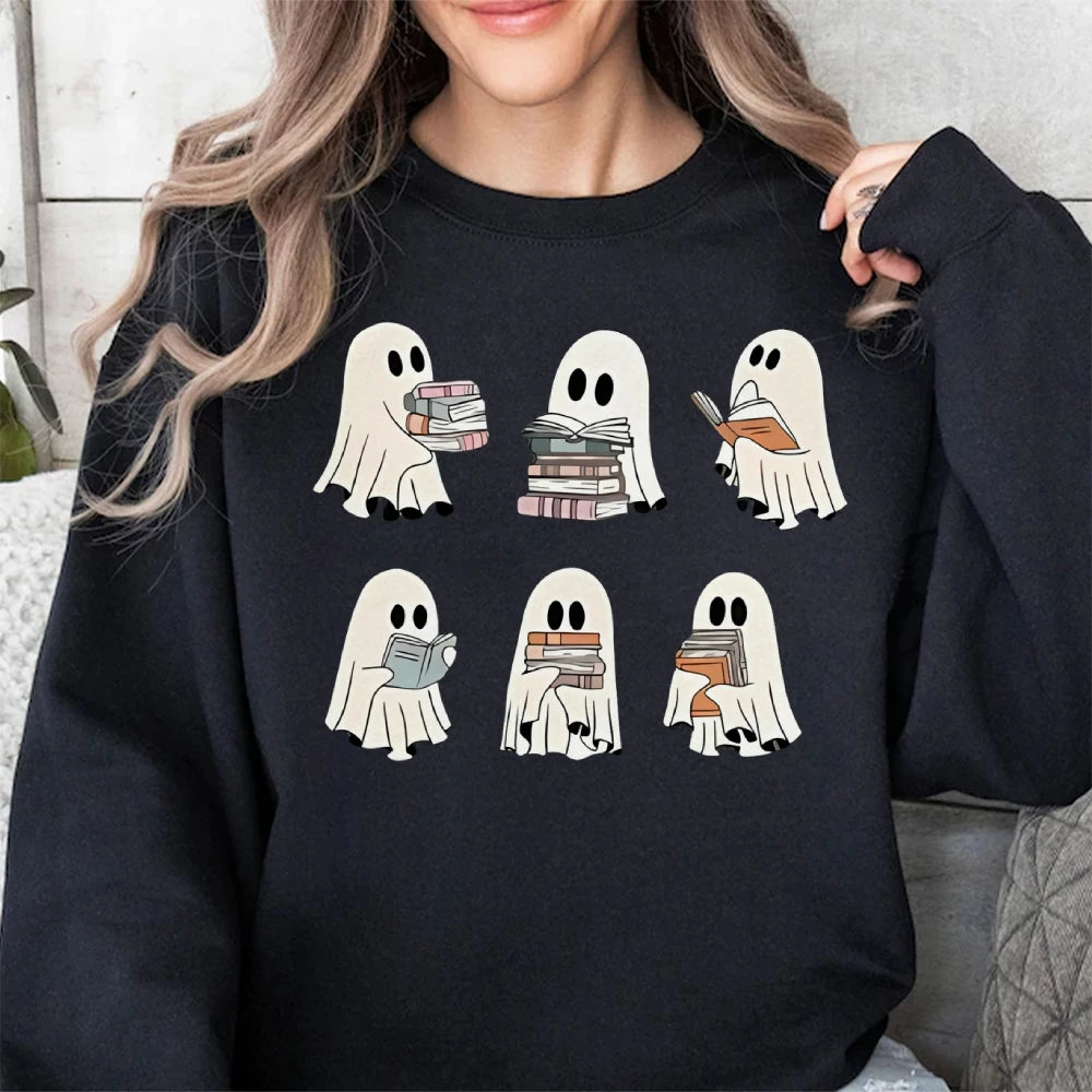 Ghost Reading Books Sweatshirts Halloween Teacher Gift Librarian Halloween Hoodie Ghost Crewneck Tops Crewneck Fashion Clothing