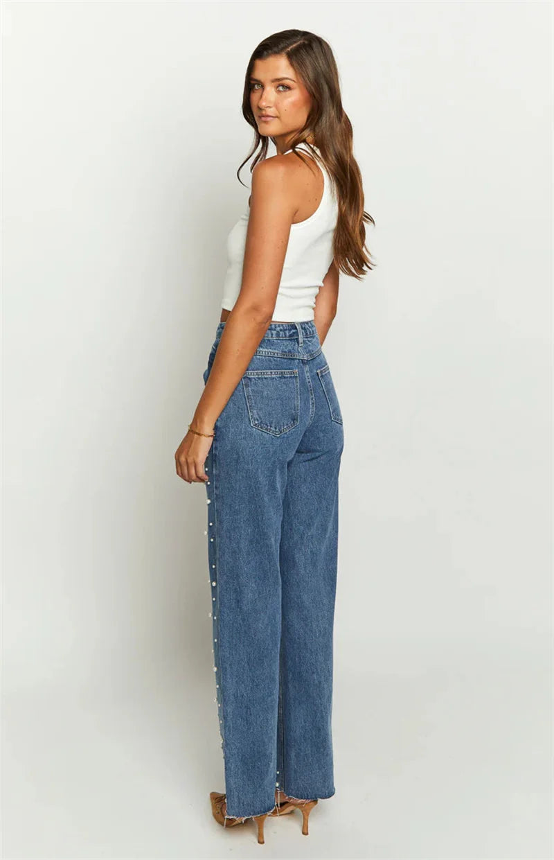 2025 Y2K Fashion Beading Vintage Denim Pants Women Loose Baggy Straight Jeans Female Casual Midi Waist Trousers Trend Streetwear