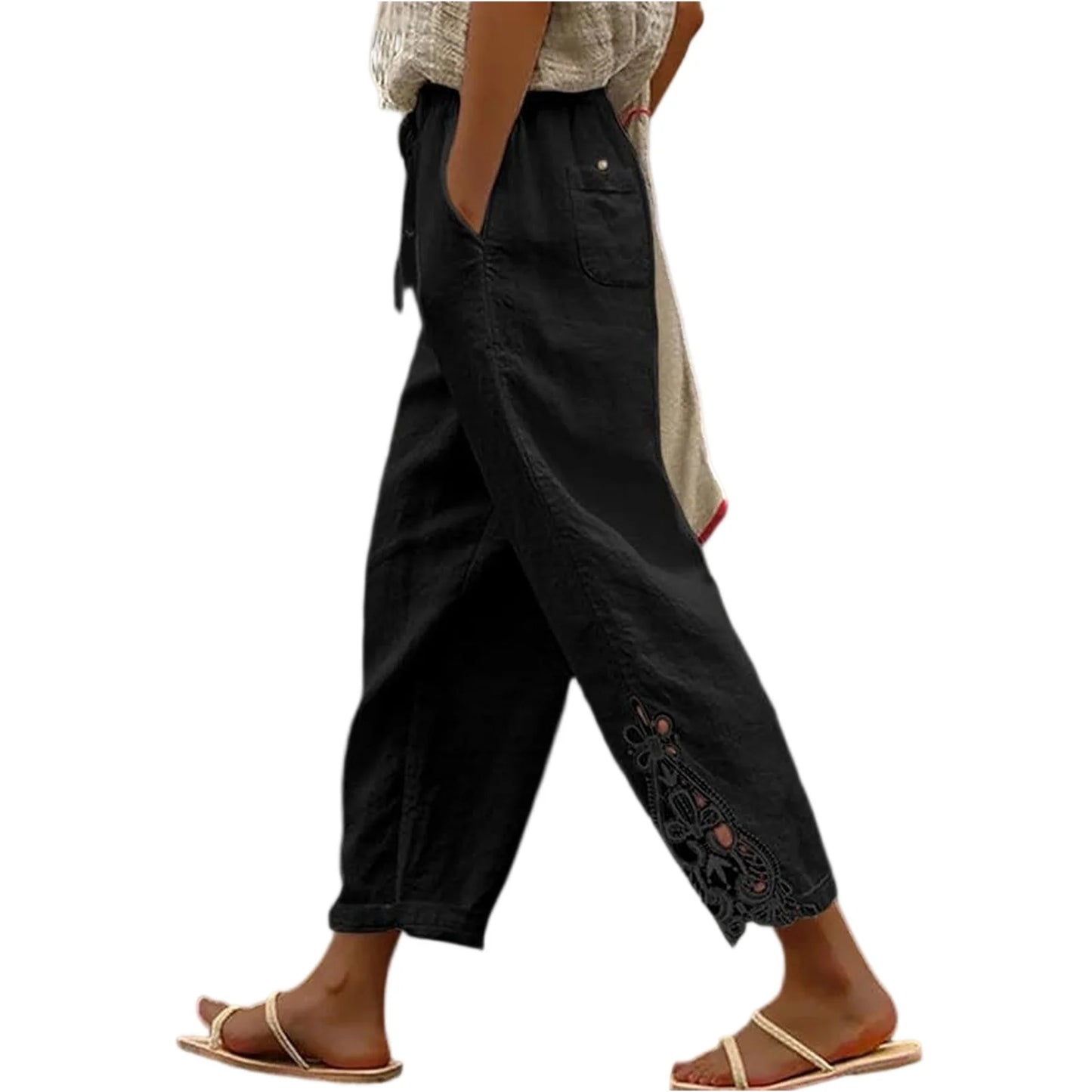 Women'S Casual Solid Color Lace Splicing Design High Waist Drawstring Pocket Nine Minute Pants Pantalones De Mujer Cargo Pants