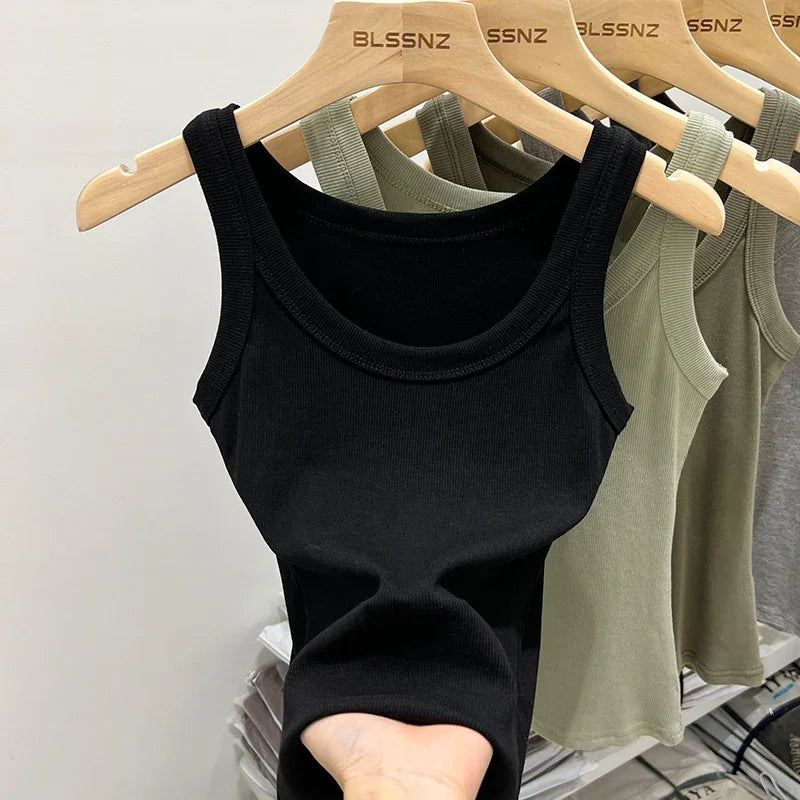 Solid Round Neck Ribbed Tank Top Camisole Women 2025 Summer Basic Elastic Tank Top O Neck Solid Tank Top