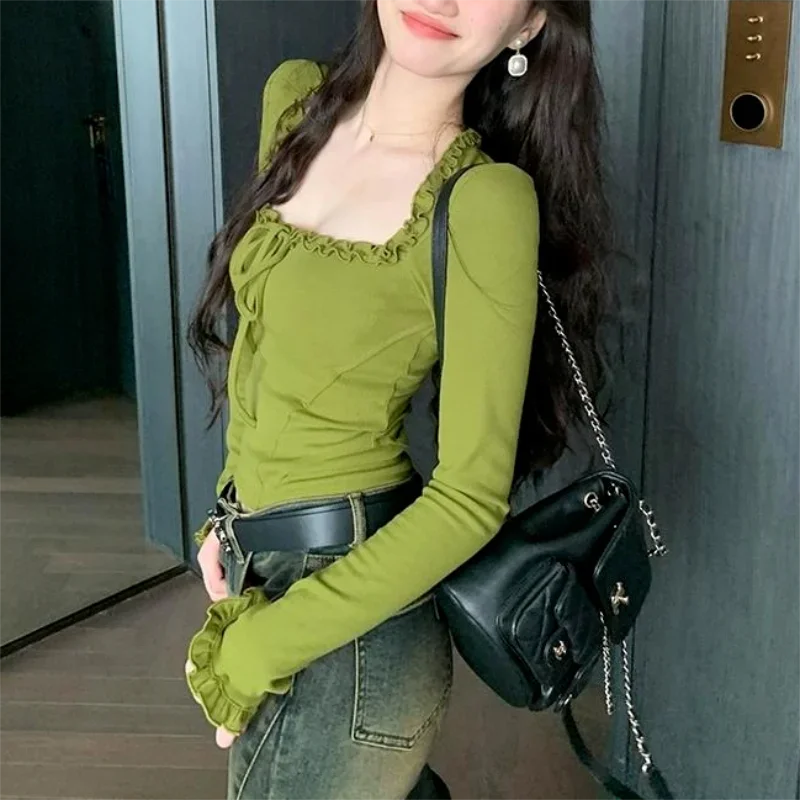 Square Neck Pleated Sexy Tops Casual  Autumn Slim Long Sleeved T-shirt for Women's Ins Fashion Crop Top