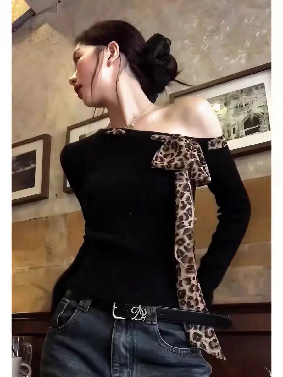 Off shoulder Tops Y2k Bow Tied Long sleeve Leopard T Shirt Women Sexy Tight Basic Crop Top Lady Casual Black Tees 2024 Korean