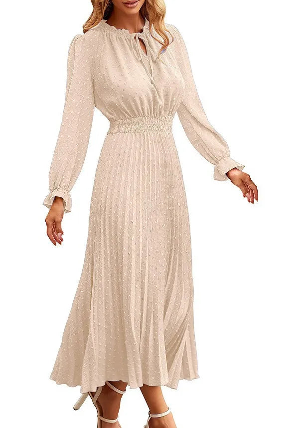 Women's Spring Fall Midi Dress Casual Long/Short Sleeve Elegant and fashionable V Neck Swiss Dot Pleated A Line Flowy Dresses