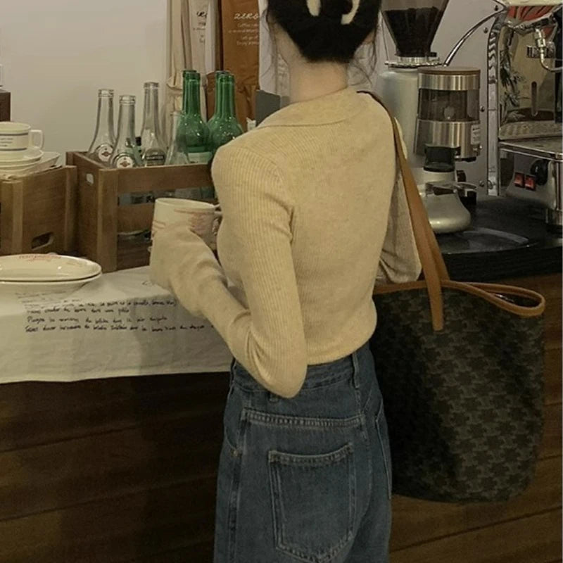 Spring Autumn V-neck Skinny Knitted Shirt Women Pullover Sweater Tops Female Long Sleeve Elastic Slim Bottoming Shirts Knitwear