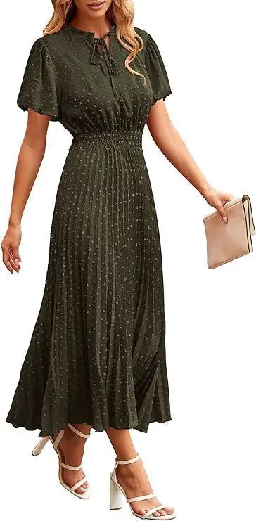 Women's Spring Fall Midi Dress Casual Long/Short Sleeve Elegant and fashionable V Neck Swiss Dot Pleated A Line Flowy Dresses