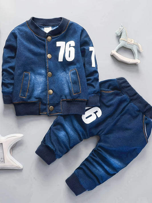 Boys' new fashion trend digital 76 printed jacket, boys' baby jeans two-piece set
